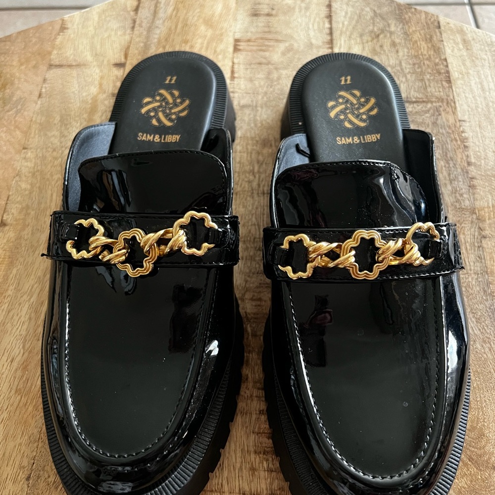 Sam & Libby Black Patent Loafers with Gold Accent